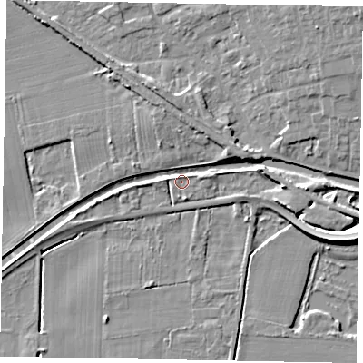 Shaded relief map of the ground around LN14AU, computed from Environment Agency LiDAR. The ground here sits at about 6 m above sea level and falls 9 m across the surrounding 800 m. Surface water reaching this point runs off ground lying to the east-north-east, 4.3 m higher.