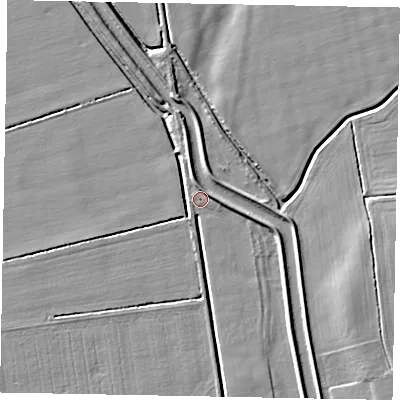 Shaded relief map of the ground around LN14AX, computed from Environment Agency LiDAR. The ground here sits at about 5 m above sea level and falls 5 m across the surrounding 800 m. Surface water reaching this point runs off ground lying to the north-north-west, 2.0 m higher.