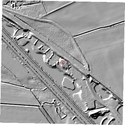 Shaded relief map of the ground around LN14AY, computed from Environment Agency LiDAR. The ground here sits at about 8 m above sea level and falls 10 m across the surrounding 800 m. Surface water reaching this point runs off ground lying to the east-north-east, 2.8 m higher.