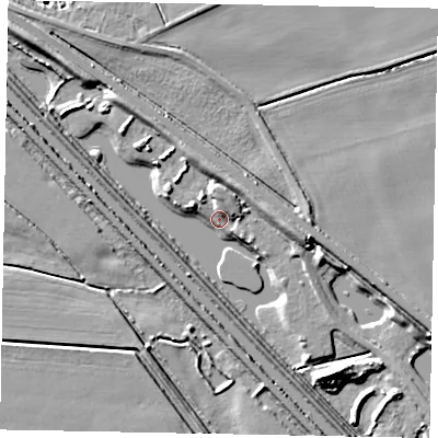 Shaded relief map of the ground around LN14AZ, computed from Environment Agency LiDAR. The ground here sits at about 5 m above sea level and falls 10 m across the surrounding 800 m. Surface water reaching this point runs off ground lying to the east, 7.3 m higher.