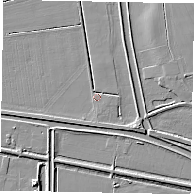 Shaded relief map of the ground around LN14BA, computed from Environment Agency LiDAR. The ground here sits at about 5 m above sea level and falls 7 m across the surrounding 800 m. Surface water reaching this point runs off ground lying to the west-south-west, 2.4 m higher.