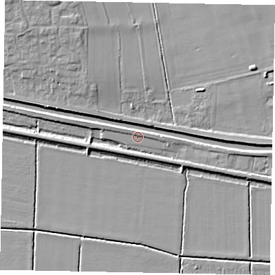 Shaded relief map of the ground around LN15AB, computed from Environment Agency LiDAR. The ground here sits at about 6 m above sea level and falls 8 m across the surrounding 800 m. Surface water reaching this point runs off ground lying to the north-north-east, 2.6 m higher.