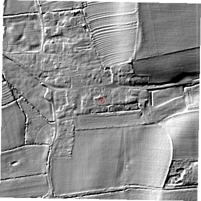 Shaded relief map of the ground around LN15AD, computed from Environment Agency LiDAR. The ground here sits at about 6 m above sea level and falls 11 m across the surrounding 800 m. Surface water reaching this point runs off ground lying to the north-west, 0.9 m higher.