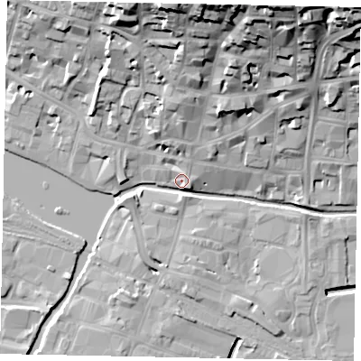 Shaded relief map of the ground around LN21AA, computed from Environment Agency LiDAR. The ground here sits at about 7 m above sea level and falls 33 m across the surrounding 800 m. Surface water reaching this point runs off ground lying to the north-north-east, 29.3 m higher.