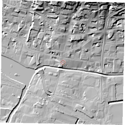 Shaded relief map of the ground around LN21AF, computed from Environment Agency LiDAR. The ground here sits at about 8 m above sea level and falls 36 m across the surrounding 800 m. Surface water reaching this point runs off ground lying to the north-north-east, 29.2 m higher.