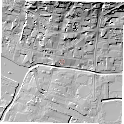 Shaded relief map of the ground around LN21AP, computed from Environment Agency LiDAR. The ground here sits at about 7 m above sea level and falls 38 m across the surrounding 800 m. Surface water reaching this point runs off ground lying to the north, 27.8 m higher.