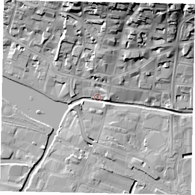 Shaded relief map of the ground around LN21BF, computed from Environment Agency LiDAR. The ground here sits at about 6 m above sea level and falls 30 m across the surrounding 800 m. Surface water reaching this point runs off ground lying to the north-north-east, 27.8 m higher.