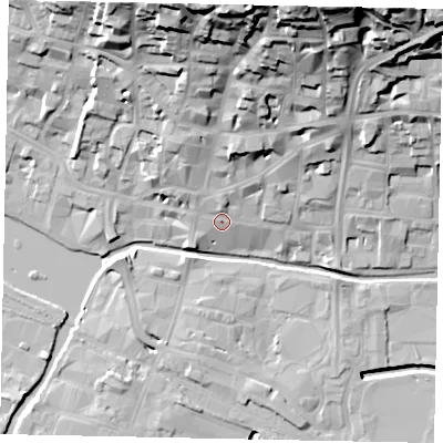 Shaded relief map of the ground around LN21DH, computed from Environment Agency LiDAR. The ground here sits at about 9 m above sea level and falls 42 m across the surrounding 800 m. Surface water reaching this point runs off ground lying to the north-east, 3.1 m higher.
