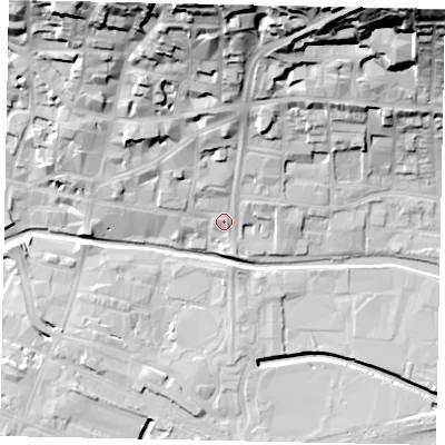 Shaded relief map of the ground around LN21HA, computed from Environment Agency LiDAR. The ground here sits at about 8 m above sea level and falls 40 m across the surrounding 800 m. Surface water reaching this point runs off ground lying to the north, 9.8 m higher.