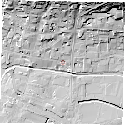 Shaded relief map of the ground around LN21HB, computed from Environment Agency LiDAR. The ground here sits at about 7 m above sea level and falls 41 m across the surrounding 800 m. Surface water reaching this point runs off ground lying to the north, 7.1 m higher.