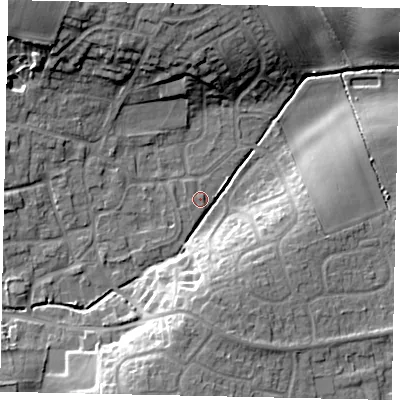Shaded relief map of the ground around LN22FH, computed from Environment Agency LiDAR. The ground here sits at about 23 m above sea level and falls 16 m across the surrounding 800 m. Surface water reaching this point runs off ground lying to the south-south-west, 13.1 m higher.