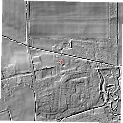 Shaded relief map of the ground around LN22GA, computed from Environment Agency LiDAR. The ground here sits at about 14 m above sea level and falls 9 m across the surrounding 800 m. Surface water reaching this point runs off ground lying to the south-west, 1.5 m higher.