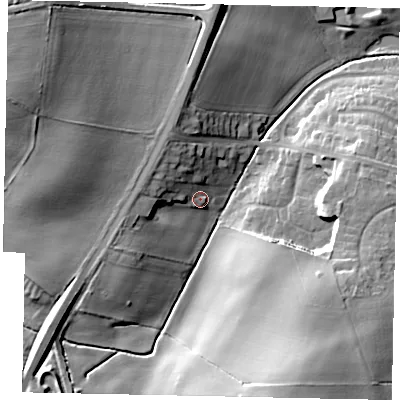 Shaded relief map of the ground around LN22GL, computed from Environment Agency LiDAR. The ground here sits at about 30 m above sea level and falls 23 m across the surrounding 800 m. Surface water reaching this point runs off ground lying to the north-west, 8.3 m higher.