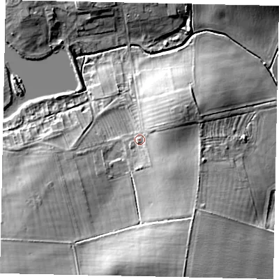 Shaded relief map of the ground around LN22LE, computed from Environment Agency LiDAR. The ground here sits at about 42 m above sea level and falls 17 m across the surrounding 800 m. Surface water reaching this point runs off ground lying to the east-north-east, 5.6 m higher.