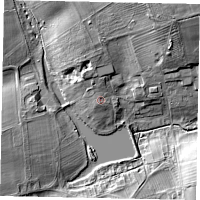 Shaded relief map of the ground around LN22LG, computed from Environment Agency LiDAR. The ground here sits at about 42 m above sea level and falls 18 m across the surrounding 800 m. Surface water reaching this point runs off ground lying to the south, 1.4 m higher.