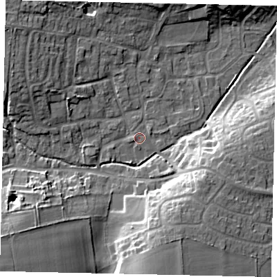 Shaded relief map of the ground around LN22NR, computed from Environment Agency LiDAR. The ground here sits at about 23 m above sea level and falls 15 m across the surrounding 800 m. Surface water reaching this point runs off ground lying to the west-south-west, 1.0 m higher.