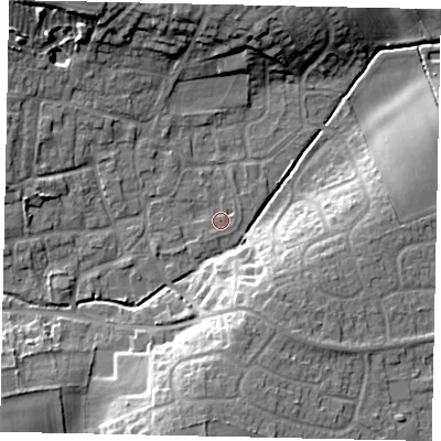 Shaded relief map of the ground around LN22NW, computed from Environment Agency LiDAR. The ground here sits at about 23 m above sea level and falls 16 m across the surrounding 800 m. Surface water reaching this point runs off ground lying to the south-west, 0.5 m higher.