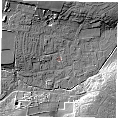 Shaded relief map of the ground around LN22NX, computed from Environment Agency LiDAR. The ground here sits at about 23 m above sea level and falls 15 m across the surrounding 800 m. Surface water reaching this point runs off ground lying to the west-north-west, 7.3 m higher.