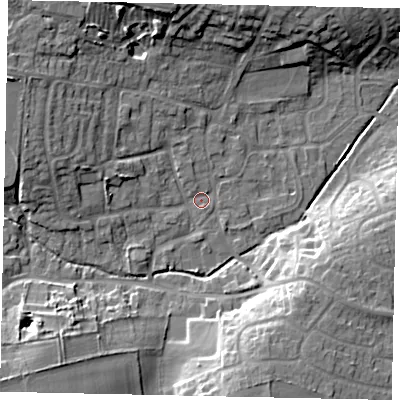 Shaded relief map of the ground around LN22PB, computed from Environment Agency LiDAR. The ground here sits at about 23 m above sea level and falls 15 m across the surrounding 800 m. Surface water reaching this point runs off ground lying to the west-north-west, 7.6 m higher.