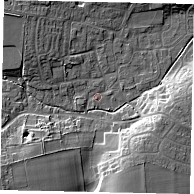 Shaded relief map of the ground around LN22PD, computed from Environment Agency LiDAR. The ground here sits at about 23 m above sea level and falls 15 m across the surrounding 800 m. Surface water reaching this point runs off ground lying to the west-north-west, 2.1 m higher.