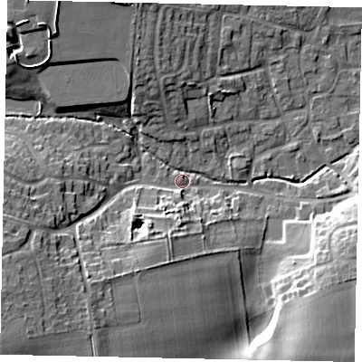 Shaded relief map of the ground around LN22PG, computed from Environment Agency LiDAR. The ground here sits at about 24 m above sea level and falls 18 m across the surrounding 800 m. Surface water reaching this point runs off ground lying to the south-west, 17.2 m higher.
