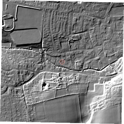 Shaded relief map of the ground around LN22PH, computed from Environment Agency LiDAR. The ground here sits at about 24 m above sea level and falls 16 m across the surrounding 800 m. Surface water reaching this point runs off ground lying to the north-north-west, 4.9 m higher.