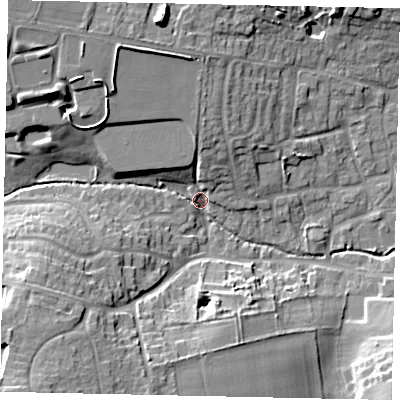 Shaded relief map of the ground around LN22PQ, computed from Environment Agency LiDAR. The ground here sits at about 24 m above sea level and falls 16 m across the surrounding 800 m. Surface water reaching this point runs off ground lying to the north-west, 9.5 m higher.