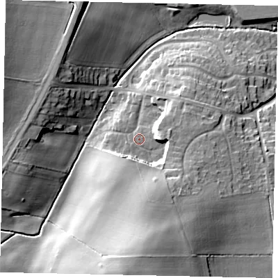 Shaded relief map of the ground around LN22PU, computed from Environment Agency LiDAR. The ground here sits at about 30 m above sea level and falls 21 m across the surrounding 800 m. Surface water reaching this point runs off ground lying to the south-south-east, 11.2 m higher.