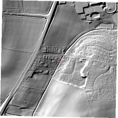 Shaded relief map of the ground around LN22PX, computed from Environment Agency LiDAR. The ground here sits at about 28 m above sea level and falls 22 m across the surrounding 800 m. Surface water reaching this point runs off ground lying to the west, 10.5 m higher.