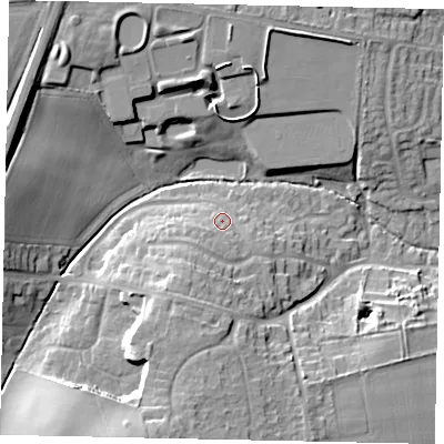 Shaded relief map of the ground around LN22QA, computed from Environment Agency LiDAR. The ground here sits at about 29 m above sea level and falls 18 m across the surrounding 800 m. Surface water reaching this point runs off ground lying to the south-south-west, 3.7 m higher.