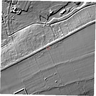 Shaded relief map of the ground around LN22QX, computed from Environment Agency LiDAR. The ground here sits at about 14 m above sea level and falls 11 m across the surrounding 800 m. Surface water reaching this point runs off ground lying to the west-south-west, 4.0 m higher.
