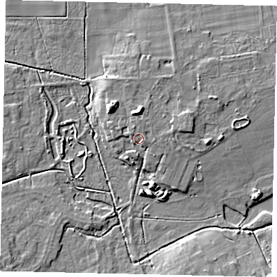Shaded relief map of the ground around LN22QY, computed from Environment Agency LiDAR. The ground here sits at about 14 m above sea level and falls 10 m across the surrounding 800 m. Surface water reaching this point runs off ground lying to the south-east, 1.9 m higher.