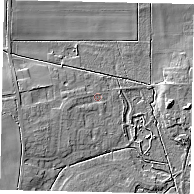 Shaded relief map of the ground around LN22RA, computed from Environment Agency LiDAR. The ground here sits at about 13 m above sea level and falls 9 m across the surrounding 800 m. Surface water reaching this point runs off ground lying to the west-south-west, 2.9 m higher.