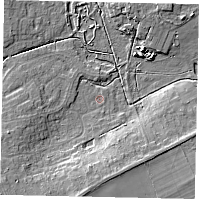 Shaded relief map of the ground around LN22RE, computed from Environment Agency LiDAR. The ground here sits at about 10 m above sea level and falls 11 m across the surrounding 800 m. Surface water reaching this point runs off ground lying to the north-north-east, 1.1 m higher.