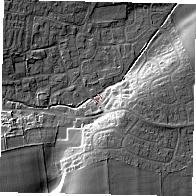 Shaded relief map of the ground around LN22RH, computed from Environment Agency LiDAR. The ground here sits at about 23 m above sea level and falls 15 m across the surrounding 800 m. Surface water reaching this point runs off ground lying to the south, 13.3 m higher.