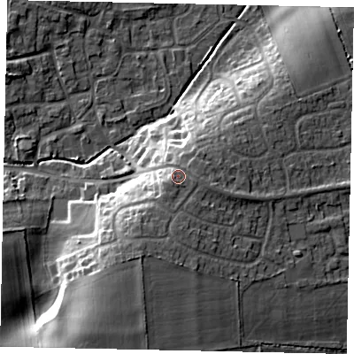 Shaded relief map of the ground around LN22RJ, computed from Environment Agency LiDAR. The ground here sits at about 32 m above sea level and falls 15 m across the surrounding 800 m. Surface water reaching this point runs off ground lying to the south, 2.0 m higher.