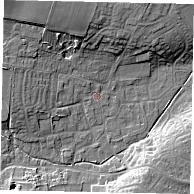 Shaded relief map of the ground around LN22SL, computed from Environment Agency LiDAR. The ground here sits at about 23 m above sea level and falls 16 m across the surrounding 800 m. Surface water reaching this point runs off ground lying to the west-north-west, 2.7 m higher.