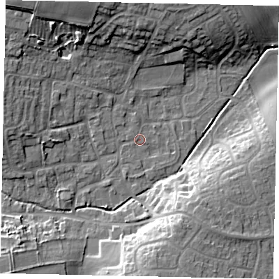 Shaded relief map of the ground around LN22SN, computed from Environment Agency LiDAR. The ground here sits at about 23 m above sea level and falls 15 m across the surrounding 800 m. Surface water reaching this point runs off ground lying to the west, 0.5 m higher.