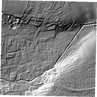 Shaded relief map of the ground around LN22SP, computed from Environment Agency LiDAR. The ground here sits at about 22 m above sea level and falls 17 m across the surrounding 800 m. Surface water reaching this point runs off ground lying to the west, 1.3 m higher.