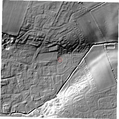 Shaded relief map of the ground around LN22SR, computed from Environment Agency LiDAR. The ground here sits at about 22 m above sea level and falls 17 m across the surrounding 800 m. Surface water reaching this point runs off ground lying to the north-west, 14.6 m higher.