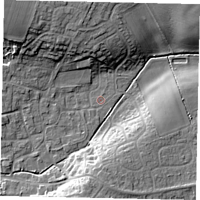 Shaded relief map of the ground around LN22SS, computed from Environment Agency LiDAR. The ground here sits at about 22 m above sea level and falls 17 m across the surrounding 800 m. Surface water reaching this point runs off ground lying to the south-west, 0.7 m higher.