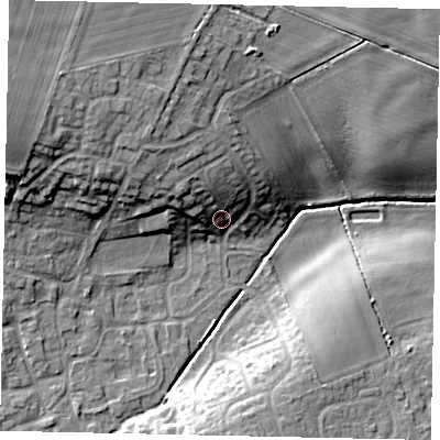 Shaded relief map of the ground around LN22ST, computed from Environment Agency LiDAR. The ground here sits at about 25 m above sea level and falls 16 m across the surrounding 800 m. Surface water reaching this point runs off ground lying to the north-west, 8.3 m higher.