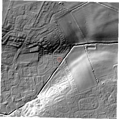 Shaded relief map of the ground around LN22SU, computed from Environment Agency LiDAR. The ground here sits at about 21 m above sea level and falls 16 m across the surrounding 800 m. Surface water reaching this point runs off ground lying to the north-west, 13.3 m higher.