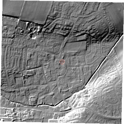 Shaded relief map of the ground around LN22SW, computed from Environment Agency LiDAR. The ground here sits at about 23 m above sea level and falls 17 m across the surrounding 800 m. Surface water reaching this point runs off ground lying to the north-north-west, 13.9 m higher.