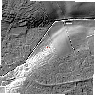 Shaded relief map of the ground around LN22TB, computed from Environment Agency LiDAR. The ground here sits at about 23 m above sea level and falls 15 m across the surrounding 800 m. Surface water reaching this point runs off ground lying to the south-south-east, 7.4 m higher.