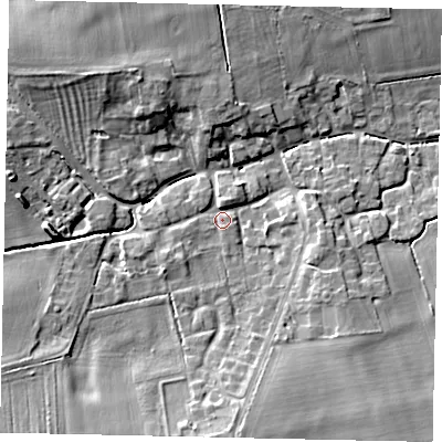 Shaded relief map of the ground around LN22UA, computed from Environment Agency LiDAR. The ground here sits at about 12 m above sea level and falls 8 m across the surrounding 800 m. Surface water reaching this point runs off ground lying to the south-west, 6.1 m higher.