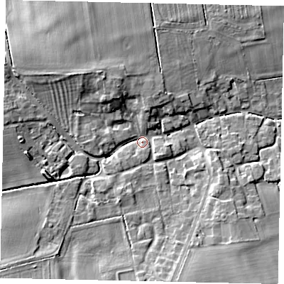 Shaded relief map of the ground around LN22UF, computed from Environment Agency LiDAR. The ground here sits at about 12 m above sea level and falls 8 m across the surrounding 800 m. Surface water reaching this point runs off ground lying to the north-west, 7.7 m higher.