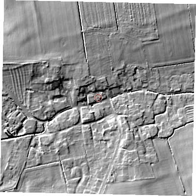 Shaded relief map of the ground around LN22UG, computed from Environment Agency LiDAR. The ground here sits at about 13 m above sea level and falls 9 m across the surrounding 800 m. Surface water reaching this point runs off ground lying to the west-north-west, 7.7 m higher.