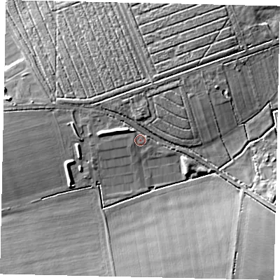 Shaded relief map of the ground around LN22UP, computed from Environment Agency LiDAR. The ground here sits at about 11 m above sea level and falls 9 m across the surrounding 800 m. Surface water reaching this point runs off ground lying to the west-north-west, 3.5 m higher.