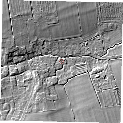 Shaded relief map of the ground around LN22UT, computed from Environment Agency LiDAR. The ground here sits at about 11 m above sea level and falls 7 m across the surrounding 800 m. Surface water reaching this point runs off ground lying to the south-west, 4.3 m higher.